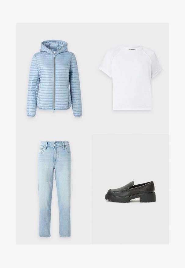 Helesinine kapuutsiga puffjakker, millel on tikanditextuur, ees lukuga sulgemine ja elastsed mansetid. Omab siledat viimistlust ja stiilset disaini.; Valge puuvillane T-särk ümmarguse kaelusega, lühiõlgadega ja mõõduka lõikega. Sile tekstuur ilma nähtavate mustrite või aktsentideta.; Heledad sinine denimpüksid, sirge säärega disain, keskmise kõrge vöökoht, viie tasku stiil ja nööp sulgemine ees.; Mustad nahast loafers ümarate varvastega, paksu tekstuuriga tald ja minimaalsete õmbluse detailidega. Viimistletud disain, kus pole nähtavaid paelu ega riistu.