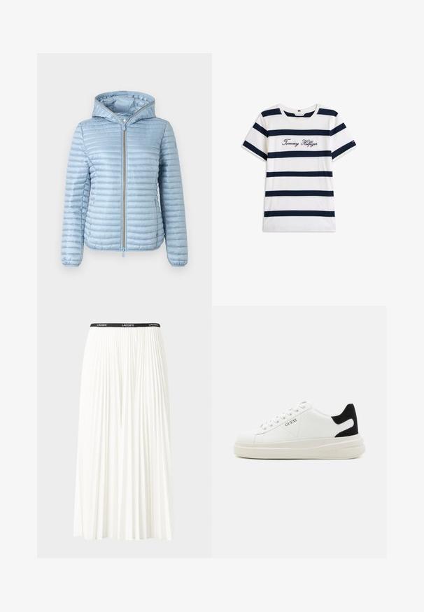 Lys blå, hættetrøje pufferjakke med quiltet struktur, frontlynlås og elastiske manchetter. Har en glat finish og slankt design.; T-shirt i bomuld med vandrette marineblå striber på en hvid baggrund. "Tommy Hilfiger" broderet i kursiv på brystet. Rund hals.; Plisseret hvid nederdel med en sort elastisk talje, der har "LACOSTE"-logoet. Mellemlang design med blød tekstur.; Hvide lædersneakers med en tyk hvid sål, sort ruskindhælvægt og prægede logoer på siden. Snørebåndsdesign med seks øjer.