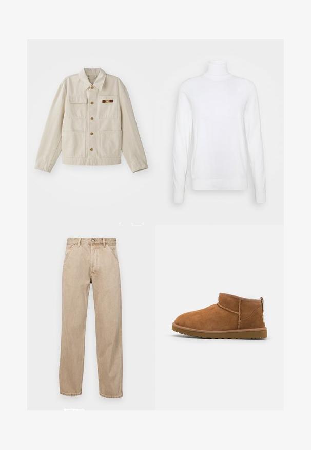 Šviesiai ruda mygtukinė striukė su keturiomis priekinėmis kišenėmis, ilgomis rankovėmis ir mažomis rudai auksinėmis dekoratyvinėmis sagtimis dešinėje krūtinės kišenėje.; Balta golfas su ilgomis rankovėmis, pagamintas iš glotnaus audinio. Pasižymi prigludusia forma, raukšlėtais rankogaliais ir apatine dalimi. Be raštų ar akcentų.; Smėlio spalvos džinsai su tiesia kojų siluetu, turintys priekinę kišenę, metalinį mygtuką ir subtilią tekstūrą.; Šviesiai rudos nubuko aulinukai iki kulkšnies su apvaliu pirštu, subtiliomis siuvimo detalėmis ir tekstūruota guma padanga. Žemas aukštis be raištelių.