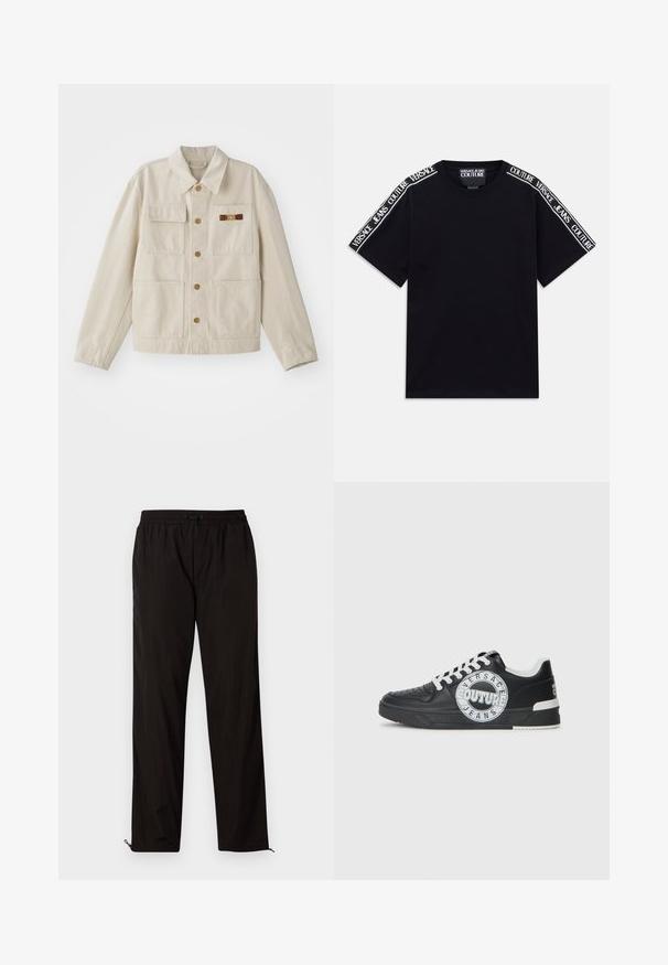 Beige takki, jossa on neljä etutaskua, pitkät hihat ja pieni ruskea ja kultainen koristeklipsi oikeassa rintataskussa.; Musta lyhythihainen t-paita, jossa valkoiset "Versace Jeans Couture" -tekstiraitat kulkevat hartioiden ja ylähihasten pitkin.; Mustat kevyet housut, joissa on joustava vyötärö, kiristysnauha ja vetoketjulliset lahkeet säädettävään istuvuuteen. Sujuva, sleek-tuntu.; Musta nahkakengät valkoisilla yksityiskohdilla, pyöreällä logotunnuksella, rei'itetty kärki ja kontrastivärinen pohja. Varusteena valkoiset nauhat ja brändäys.