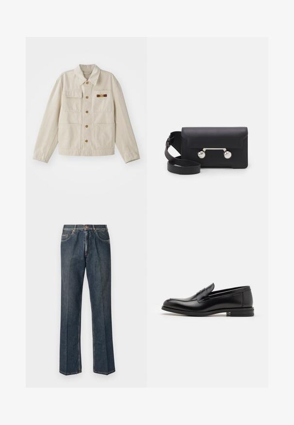 Beige button-up jas met vier voorzakken, lange mouwen en een kleine bruin-gouden decoratieve sluiting op de rechter borstzak.; Navy blauwe T-shirt met korte mouwen met witte tekst "neanche per sogno" gecentreerd op de borst, ronde hals, maat medium.; Donkerblauwe rechte spijkerbroek met een knoopsluiting aan de voorkant, rits, dubbele voorzakken en zichtbare verticale plooien langs de benen.; Zwarte leren instappers met een gladde textuur, ronde neus en een decoratieve band over de wreef. Lage, gestapelde hak en minimalistisch ontwerp.; Zwarte leren schoudertas met een klep, zilverkleurige hardware en twee ronde accenten. Voorzien van een afneembare schouderriem. Soepele textuur.