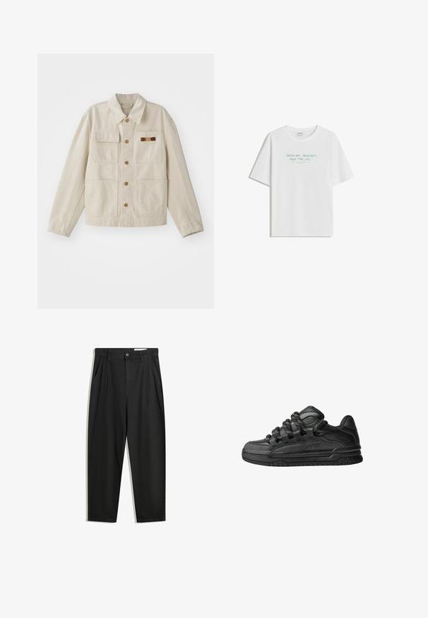 Giacca beige con bottoni, quattro tasche frontali, maniche lunghe e una piccola chiusura decorativa marrone e oro sulla tasca superiore destra.; T-shirt bianco in cotone con vestibilità comoda, collo rotondo e testo verde chiaro: "ARIA FRESCA, PLAYLIST, TEMPO LIBERO, ecc..." sul fronte.; Pantaloni in cotone neri con una vestibilità rilassata, dotati di una vita classica, pieghe frontali e tasche laterali. Tessuto liscio senza fantasie.; Sneaker nere con una toma in pelle liscia, dettagli testurizzati e lacci tondi neri e bianchi. Suola spessa in gomma con battistrada gommato.