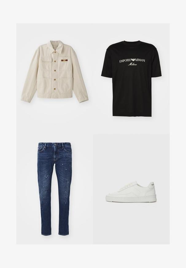 Bež jakna na dugmad s četiri prednja džepa, dugim rukavima i malim smešnim zlatnim kopčom na desnom džepu sa grudima.; Crna pamučna majica s okruglim izrezom, kratkim rukavima i bijelim logotipom "EMPORIO ARMANI" iznad riječi "Milano" u zakrivljenom dizajnu.; Tamno plave traperice sa uskim fitom, s mrljama od boje, vidljivim šavovima i standardnim dizajnom s pet džepova. Ravni kroj nogavica.; Bijele kožne tenisice s glatkom površinom, okruglim vrhom, ravnim vezicama i teksturiranom potplatom. Imaju suptilan logo na peti.