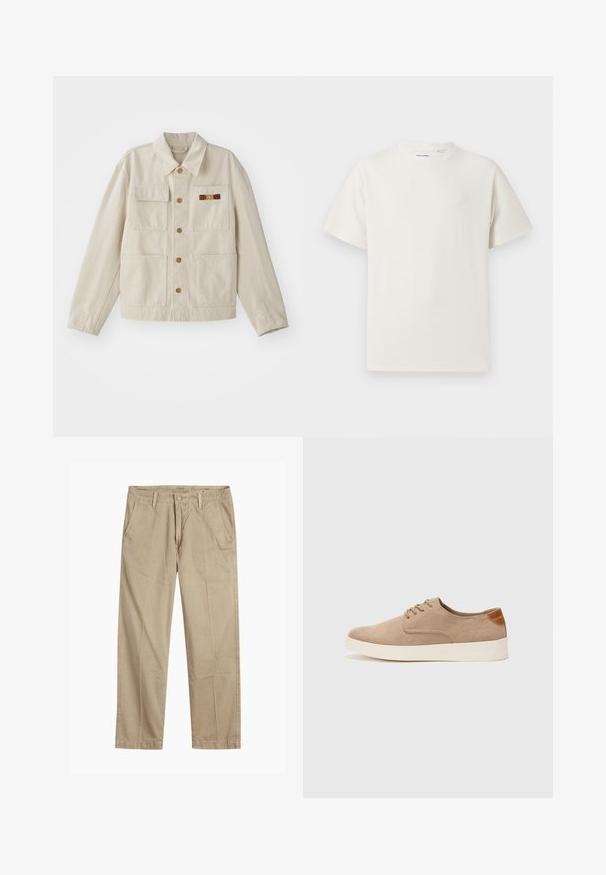 Bež jakna na gumbe z dört sprednjimi žepi, dolgimi rokavi in majhnim rjavim in zlatim okrasnim sponko na desnem žepu na prsih.; Bela majica s kratkimi rokavi iz rebraste tkanine. Okrogli izrez, sproščen kroj, brez vidnih vzorcev ali naglasov. Preprosta in vsestranska zasnova.; Bežne bež hlače ravnega kroja z zanko za pas, sprednjim gumbom in zadrgo ter bočnimi žepki.; Bež tkanine usnjene superge z zaobljenim nosom, vezalkami na sprednji strani in teksturiranim zadnjim detajlom. Belo gumijasto podplato zagotavlja kontrast. Enostaven in sodoben dizajn.