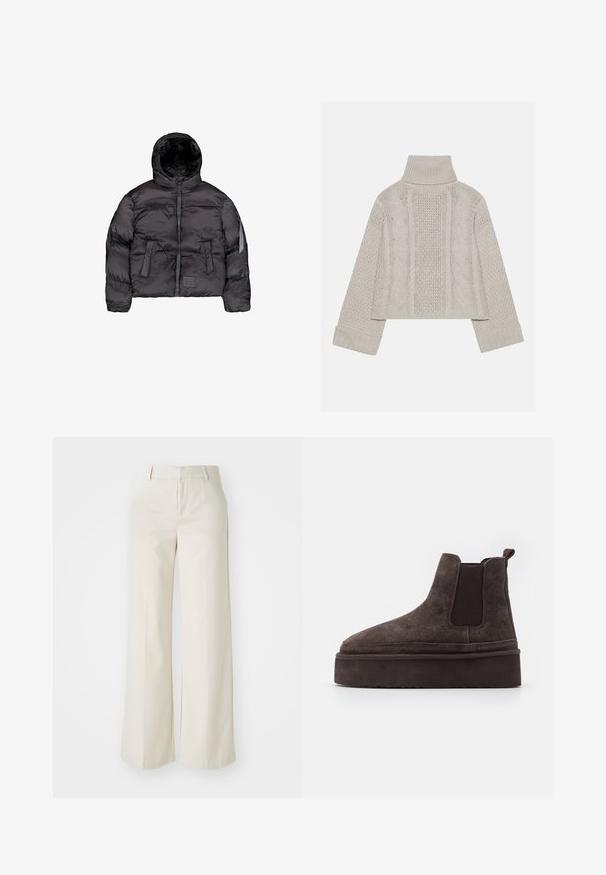 Fekete puffernadrág kapucnival, elülső cipzárral, steppelt textúrával és két nagy elülső zsebbel. Oldalsó cipzáras zseb a további tárolás érdekében.; Rövidített, világosszürke kötött pulóver magas gallérral és bordázott mandzsettákkal, hátul és az oldalakon texturált sodrott mintákkal.; Világos bézs színű, széles lábú nadrág, sima anyagból készült. Klasszikus derékrésszel és lapos elülső résszel, letisztult vonalakkal rendelkezik.; Barna nubuk Chelsea csizma elasztikus oldalsó panelekkel és vastag, textúrázott talppal. A saroknál található húzófül megkönnyíti a felhúzást.