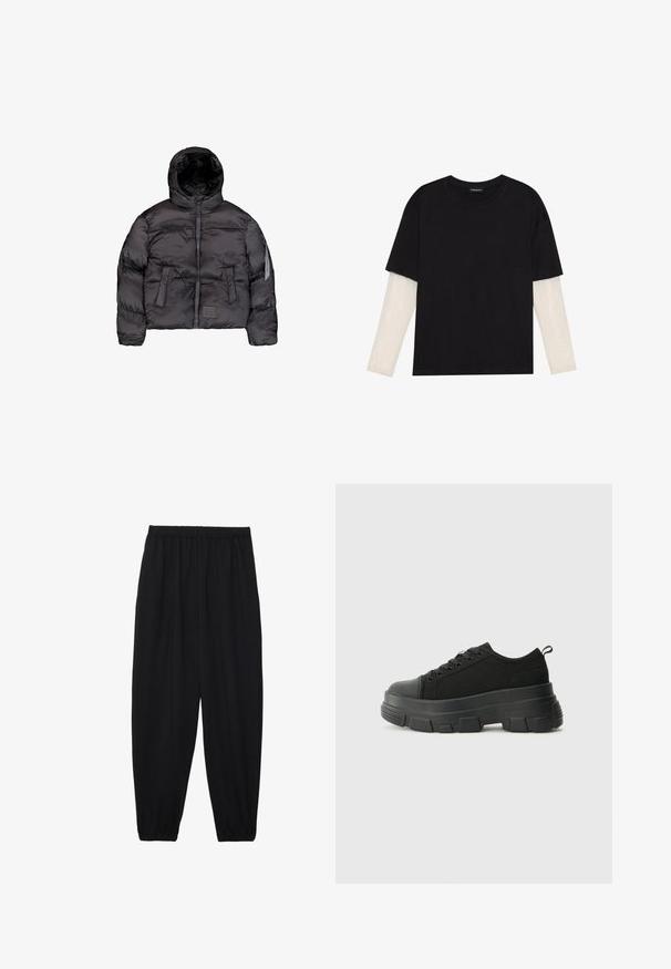 Casaco puffer preto com capuz, apresentando um fecho frontal com zíper, textura acolchoada e dois grandes bolsos frontais. Bolso lateral com zíper para armazenamento adicional.; T-shirt preta de algodão, com mangas curtas sobre uma camada de mangas longas branca com um padrão texturizado subtil. Design de decote redondo.; Calças pretas, leves, com um cinto elástico e punhos franzidos. O tecido é suave e apresenta um design relaxado e afunilado.; Sneakers pretos com sola de borracha robusta, parte superior de tecido texturizado, bico redondo e design de atacadores. Apresenta ilhós reforçados e uma alça na parte posterior.