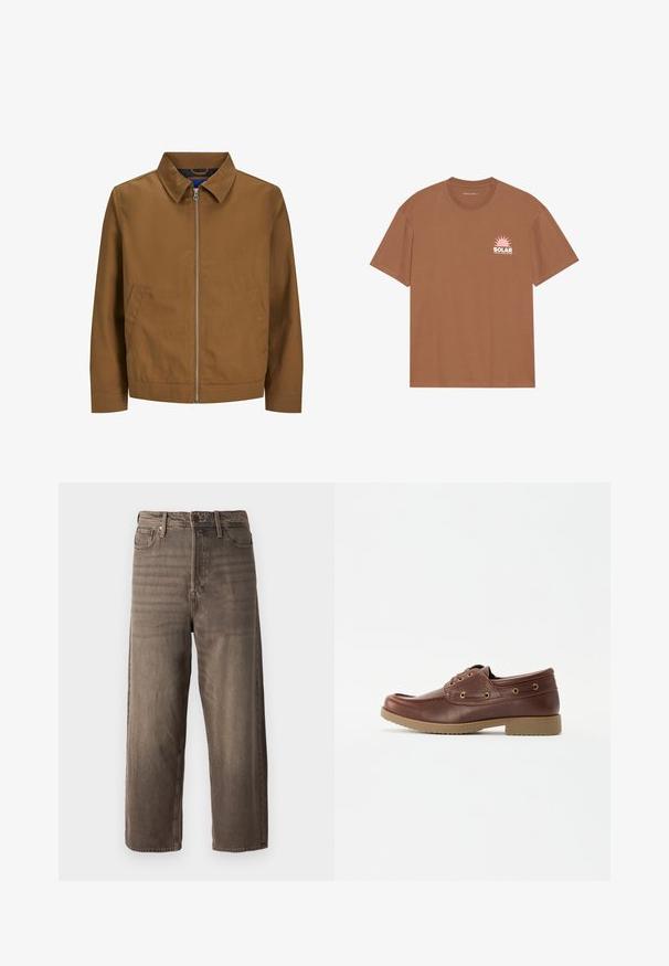 Pruun tõmbamisjakker koos kaelusega, pikkade varrukatega ja kahe esiosa taskuga; sile tekstuur ja minimalistlik disain, ilma nähtavate mustriteta.; Pruun lühikeste varrukatega T-särk, mis on valmistatud puuvillast, sisaldab roosa päikese graafikat ja "SOLAR" teksti vasakul rinnal. Ümmarguse kaelusega disain.; Prunad laiad teksapüksid, mis on valmistatud denimist. Omab lukuga kannet, vöölukke ja viit taskut. Kangas näitab tuhmuvat, tekstuurset välimust.; Pruun nahast paadieinad ümarate varvastega, tekstuuriga tallaga, kullatud silmadega ja ääristatud detailiga ülaosas klassikalise disaini jaoks.