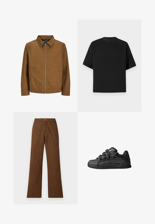 Hnědá zipová bunda s límcem, dlouhými rukávy a dvěma předními kapsami; hladký povrch a minimalistický design bez viditelných vzorů.; Černé tričko s krátkým rukávem v volném střihu, vyrobené z hladké bavlny, s kulatým výstřihem a minimalistickým designem.; Hnědé bavlněné kalhoty se rovnými nohavicemi, zapínání na knoflík a dvěma předními kapsami. Hladká textura bez viditelných vzorů nebo ozdob.; Černé tenisky s hladkým koženým svrškem, texturovanými akcenty a kulatými černobílými tkaničkami. Silná gumová podrážka s vzorovaným dezénem.