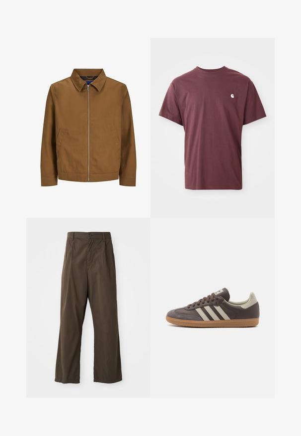 Brown zip-up jacket with a collar, long sleeves, and two front pockets; smooth texture and minimalist design with no visible patterns.; Burgundy cotton t-shirt with short sleeves, crew neck, and a small white logo on the left chest. Smooth texture, relaxed fit.; Brown, wide-leg trousers made of cotton with a front button closure, belt loops, and a smooth, matte texture.; Brown leather sneaker with three light-colored stripes, rubber gum sole, rounded toe, and textured suede accents on the heel and toe.
