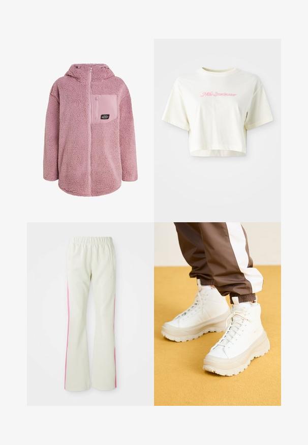 Růžová fleecová bunda s měkkou texturou, kapucí a kapsou na zip na hrudi s logem. Uvolněný střih a zakřivený lem.; Zkrácené tričko v krémové barvě vyrobené z bavlny. Má růžovou vyšívanou nášivku s nápisem "Nike Sportwear." Krátké rukávy a kulatý výstřih.; Světlé béžové kalhoty s elastickým pasem, s růžovými bočními panely a postranními kapsami. Hladká textura s rovným střihem.; Bílé vysoké tenisky s robustní, texturovanou podrážkou, s hladkým svrškem, kulatou špičkou a tonálními tkaničkami, umístěné na žlutém pozadí.