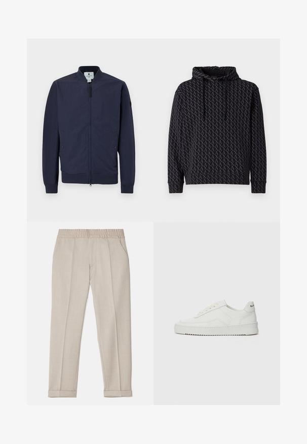 Marine bomberjack met ritssluiting, ribbelboorden en -zoom, en twee zijzakken. Gemaakt van een gladde, lichte stof.; Zwarte hoodie met een herhalend grijs logo-patroon, voorzien van een trekkoordcapuchon en geribbelde mouwen en zoom.; Filippa K TERRY CROPPED TROUSERS - Broek - sage melange; Witte leren sneaker met een gladde afwerking, ronde neus, platte veters en een gestructureerde zool. Kenmerkt zich door een subtiel logo op de hiel.