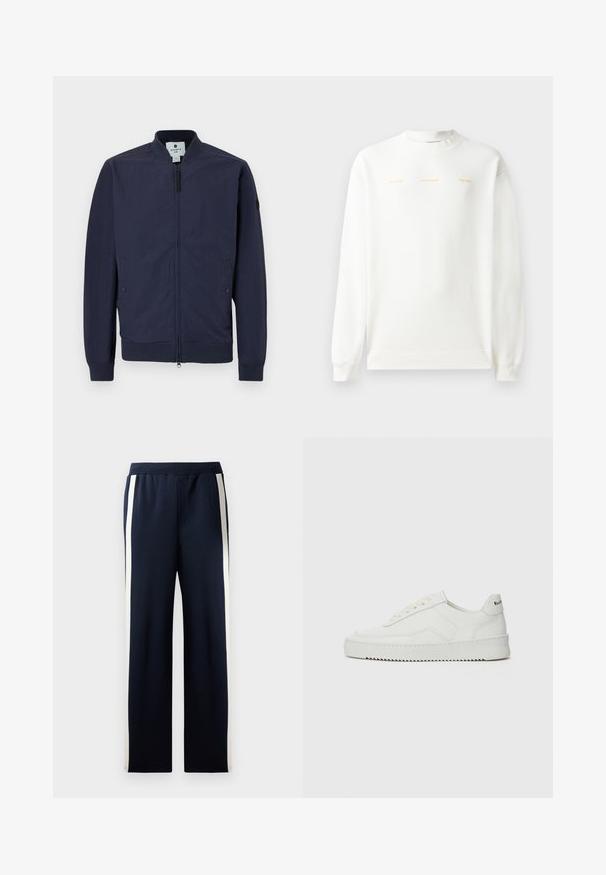 Námořnická bombera s uzávěrem na zip, žebrovanými manžetami a lemem a dvěma bočními kapsami. Vyrobena z hladkého, lehkého materiálu.; Bílá mikina se zaobleným výstřihem, dlouhými rukávy a žebrovanými manžetami. Na hrudi je zlatý potisk s textem: "HZW (25-26) HOLZWEILER THE SUN."; Námořnické tepláky s širokým střihem, které mají podél stran vertikální krémové pruhy. Vyrobené z měkké texturované tkaniny s elastickým pasem.; Bílé kožené tenisky s hladkým povrchem, kulatou špičkou, plochými tkaničkami a texturovanou podrážkou. Na patě se nachází nenápadné logo.