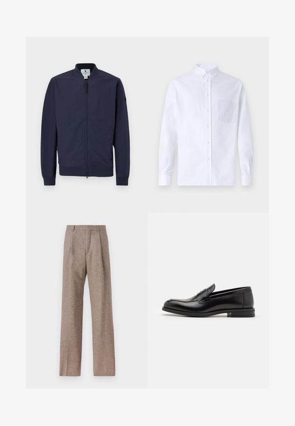 Laivaston pommikoneen takki vetoketjulla, ribbailla varustetuilla hihoilla ja helmalla sekä kahdella sivutaskulla. Valmistettu sujuvasta, kevyestä materiaalista.; Valkoinen pitkähihaista napillista paitaa, joka on valmistettu puuvillasta. Paita sisältää rinnan kohdalla taskun, jossa on samaa sävyä oleva brodeeraus, kauluksen sekä napilliset hihansuut.; Ruskejat, korkeavyötäröiset housut, jotka on valmistettu teksturoidusta kankaasta. Ominaisuuksina ovat leveät lahkeet ja kaksi etupuolelle ommeltua laskosta rakenteen tukemiseksi. Siisti viimeistely ilman näkyvää metalliosaa.; Mustat nahkakengät, joissa on sileä pinta, pyöreä kärki ja koristeellinen nauha jalkapöydän yli. Matala pinoitu koroke, minimalistinen muotoilu.