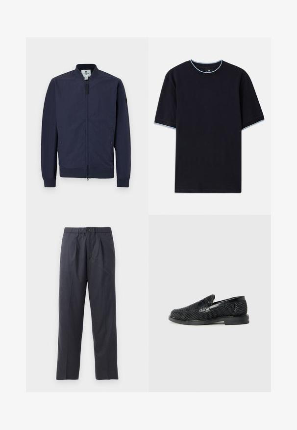 Marineblauer Bomberjacke mit Reißverschluss, gerippten Bündchen und Saum sowie zwei Seitentaschen. Hergestellt aus glattem, leichtem Material.; Dunkelblaues kurzärmeliges T-Shirt mit Rundhalsauschnitt, das an Kragen und Ärmeln mit hellblauen Akzenten versehen ist. Hergestellt aus weichem Baumwollstoff.; Dunkelblaue Hose aus weichem Stoff mit gef alteter Vorderseite und elastischem Bund. Verfügt über einen Knopfverschluss und gerades Bein.; Schwarzer geflochtener Slipper mit einem glatten Lederakzent im Obermaterial, einem runden Zehendesign und einer flachen Gummisohle.