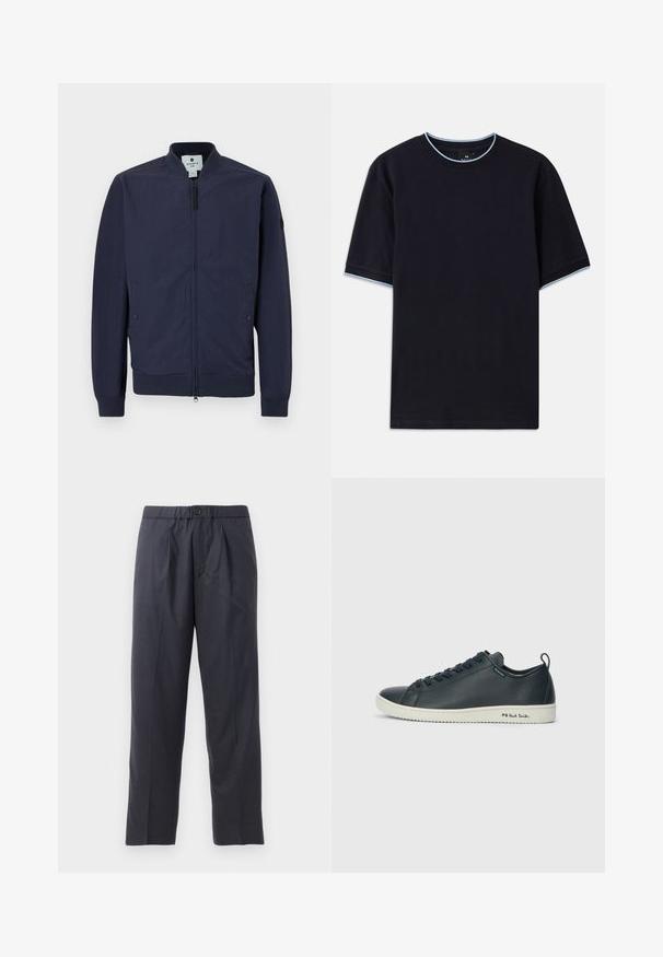 Marine bomberjack met ritssluiting, ribbelboorden en -zoom, en twee zijzakken. Gemaakt van een gladde, lichte stof.; Donkerblauw T-shirt met korte mouwen en een ronde halslijn, voorzien van een lichtblauwe accentkleur bij de kraag en de mouwen. Gemaakt van zachte katoen stof.; Donkerblauwe broeken van zachte stof met een geplooid voorkantontwerp en een elastische tailleband. Voorzien van een knoopsluiting en een rechte pijp.; Donker marineblauwe leren sneaker met een gladde afwerking, ronde neus, zes veterogen en een contrasterende witte rubberen zool. Heeft branding aan de zijkant.
