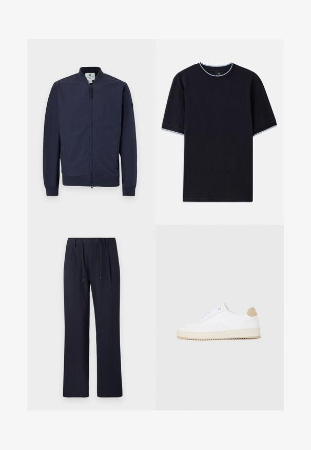 Granatowa kurtka bombowa z zamkiem błyskawicznym, ściągaczami w mankietach i u dołu oraz dwoma bocznymi kieszeniami. Wykonana z gładkiego, lekkiego materiału.; Ciemnoniebieska koszulka z krótkim rękawem i okrągłym dekoltem, z jasnoniebieskim akcentem na kołnierzu i rękawach. Wykonana z miękkiej bawełnianej tkaniny.; Granatowe spodnie o prostym kroju, wykonane z teksturowanej tkaniny. Posiadają zapięcie na guzik z przodu oraz regulowany ściągacz w talii.; Białe niskie sneakersy z teksturowanej skórzanej cholewce, kremową żłobioną podeszwą i brązowym akcentem na pięcie. Posiadają białe sznurowadła i detal z logo na pięcie.