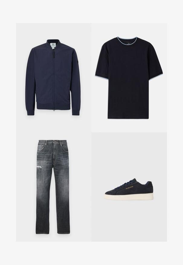 Marineblauer Bomberjacke mit Reißverschluss, gerippten Bündchen und Saum sowie zwei Seitentaschen. Hergestellt aus glattem, leichtem Material.; Dunkelblaues kurzärmeliges T-Shirt mit Rundhalsauschnitt, das an Kragen und Ärmeln mit hellblauen Akzenten versehen ist. Hergestellt aus weichem Baumwollstoff.; Dunkelgraue, ausgebleichte Jeans aus Denim mit leichten Abnutzungen an den Oberschenkeln und klassischem Fünf-Taschen-Design.; Marineblaue Wildleder Low-Top Sneaker mit weißer Sohle, marineblauen Schnürsenkeln und goldenem "Filling Pieces" Logo an der Seite.