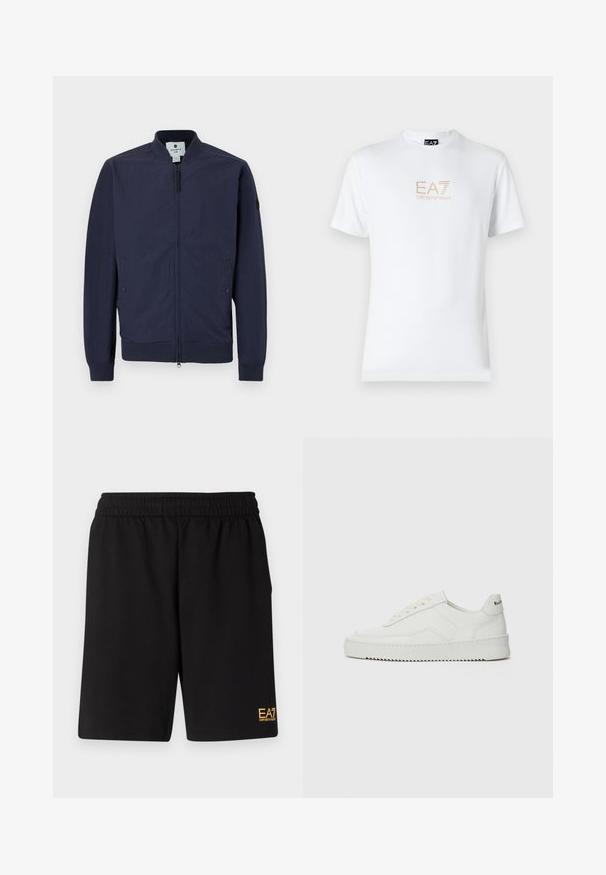 Jachetă de bombardier marină cu închidere cu fermoar, manșete și tiv ribben, și două buzunare laterale. Fabricată dintr-un material neted și ușor.; Tricou alb din bumbac, cu guler rotund și mâneci scurte, având un logo auriu EA7 Emporio Armani imprimat pe față.; Shorts atletici negri dintr-un material moale, având o talie elastică și un mic logo galben EA7 pe partea inferioară a piciorului stâng.; Sneakers din piele albă cu un finisaj neted, vârf rotund, șireturi plate și o talpă texturată. Prezintă un logo subtil pe călcâi.