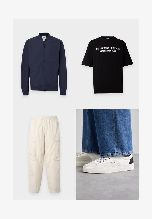 Jūrinis bombonešio švarkas su užtrauktuku, gūbriškomis rankovėmis ir apačia, bei dviem šoninėmis kišenėmis. Pagamintas iš glotnaus, lengvo audinio.; Juodas trumpomis rankovėmis medvilninis marškinėlis su apvaliu kaklu, priekyje su balta užrašu: "DSQUARED2 HERITAGE Įkurtas 1995".; Bežinės cargo kelnės su elastinga juosta, turinčios dvi šonines kišenes ir minkštą, lengvą medžiagą. Susiglamžiusi tekstūra.; Balti ir balti sportbačiai su lygaus odos paviršiumi, tekstūruotais akcentais ir masyviu baltu padu. Turi klasiką primenančią raištelių užsegimo sistemą.