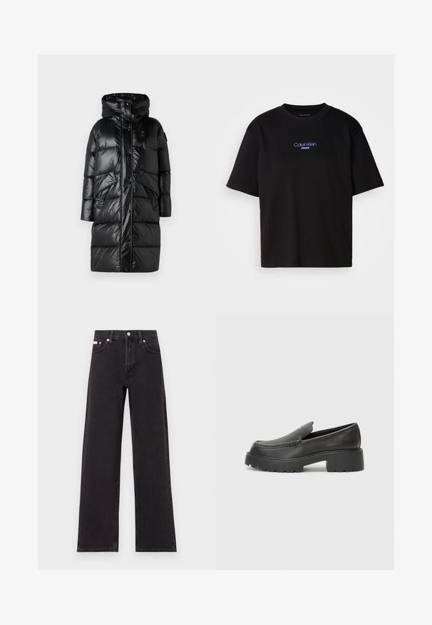 Blauer LENA - Dunkappa / -rock - nero; Svart bomulls T-shirt med rund nacke, korta ärmar och blå broderad "Calvin Klein JEANS" logotyp på framsidan.; Svarta vida jeans i denim med hög midja, fem fickor och metallknappstängning med kontrasterande sömmar.; Svarta läderloafers med rund tå, tjockt strukturerat såle och minimala sömnadsdetaljer. Snygg design utan synliga snören eller beslag.