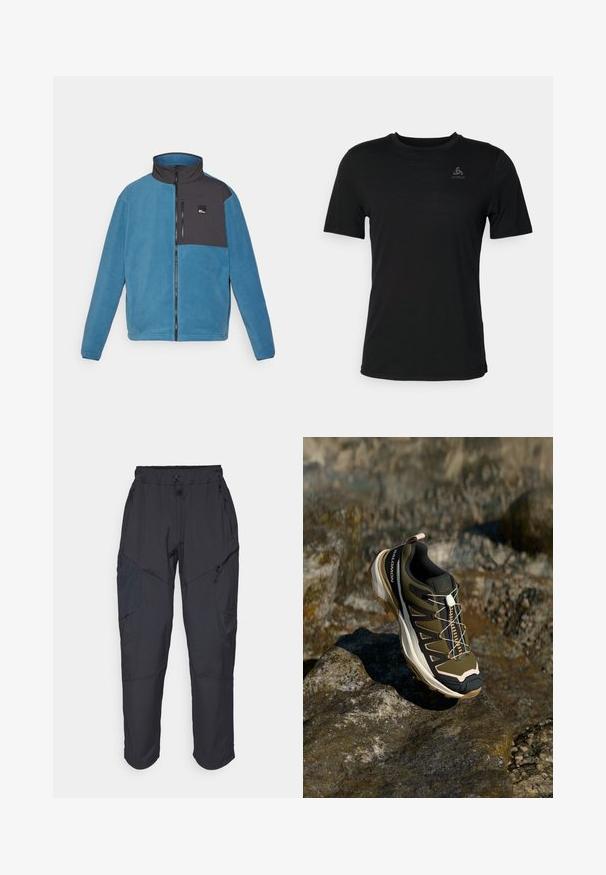 Fleecejakke i blått med svarte detaljer. Har høy krage, frontglidelås og en lomme øverst til venstre med logo. Myk tekstur.; Svart t-skjorte laget av lett materiale, med rund hals, korte ermer og en liten merkelogo øverst til venstre.; Sorte cargo bukser laget av et lett, vannavvisende materiale; har elastisk midje, flere glidelåslommer og smale ben.; Fjellsko i olivengrønn og svart med rosa detaljer. Har en teksturert overdel, fleksibel såle, forsterket tåhette og fargerik snøringssystem.