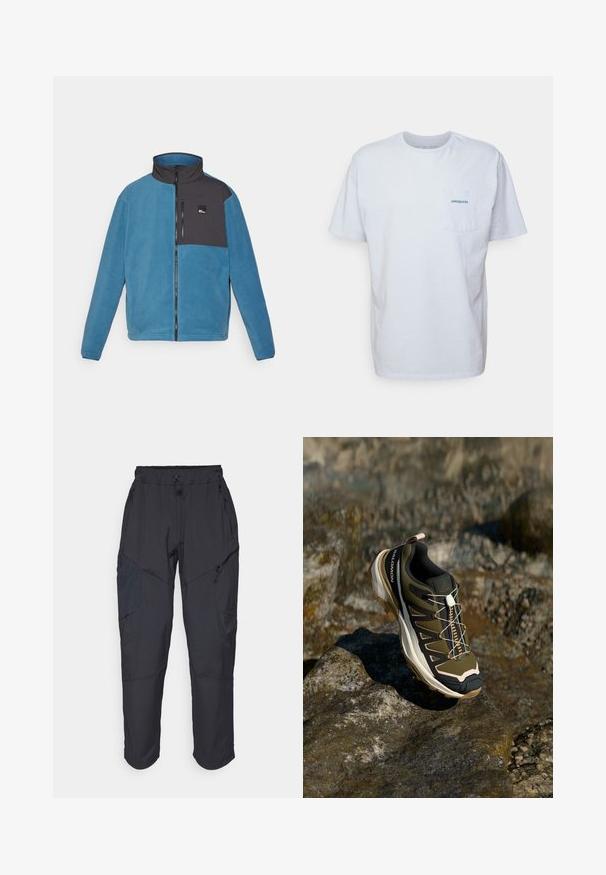 Fleecna jakna u plavoj boji s crnim detaljima. Ima visoki ovratnik, prednji patentni zatvarač i džep na gornjoj lijevoj strani s logotipom. Mekani materijal.; Bjela pamučna majica s kratkim rukavima, okruglim izrezom i lijevim džepom na prsima s plavim "Patagonia" logom. Klasični kroj s glatkom teksturom.; Crne cargo hlače izrađene od laganog, vodootpornog materijala; imaju elastičnu utakmicu u struku, više munje na džepovima i sužene nogavice.; Planinarska obuća u maslinasto zelenoj i crnoj boji s ružičastim akcentima. Ima teksturirani gornji dio, fleksibilnu podlogu, ojačan vrh i šareni sustav vezanja.
