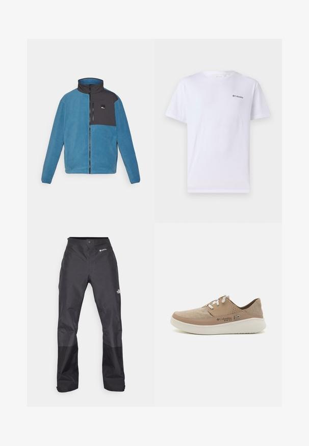 Casaco de fleece azul com detalhes em preto. Apresenta uma gola alta, fecho frontal e um bolso na parte superior esquerda com um logótipo. Textura suave.; T-shirt de algodão branco com decote redondo e mangas curtas, apresentando um pequeno logótipo preto da Columbia no lado esquerdo do peito.; Calças impermeáveis pretas com uma textura suave, apresentando um logotipo GORE-TEX na frente, e pernas inferiores reforçadas para maior durabilidade.; Sapatilhas de lona bege com detalhes em pele castanha clara, atacadores brancos e perfurações na lateral, apresentando uma sola acolchoada.
