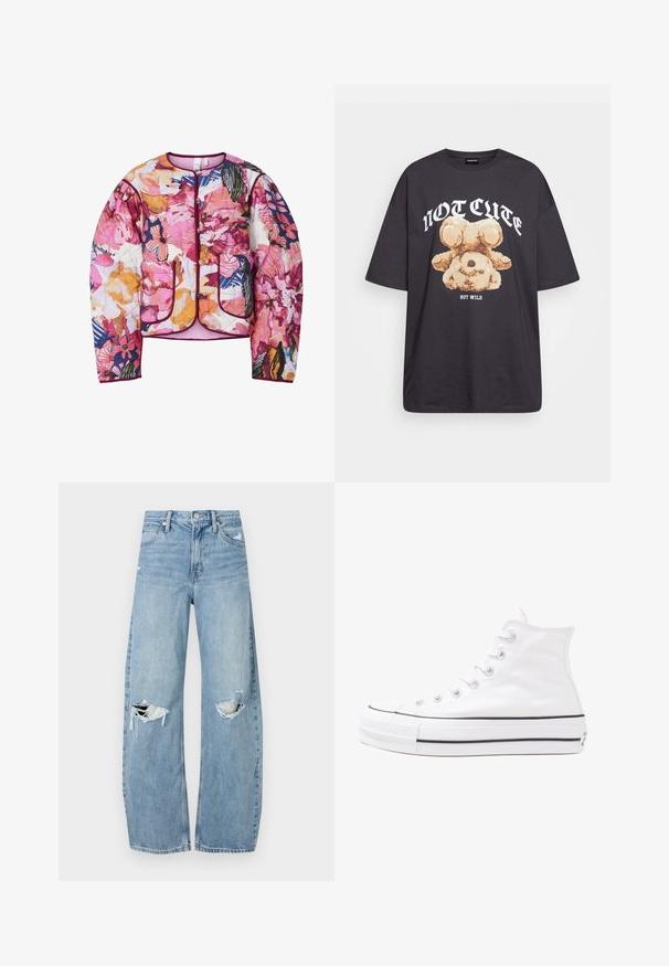 Kurtka bombowa pikowana, charakteryzująca się wielokolorowym kwiatowym wzorem w odcieniach różu, pomarańczu i błękitu, z ściągaczami przy mankietach i dwoma przednimi kieszeniami.; Czarny, oversize t-shirt z grafiką niedźwiedzia i napisem „NIE UROCZY, ALE DZIKI” w grubej, białej czcionce. Materiał bawełniany.; Jasnoniebieskie, wysokiej talii dżinsy wykonane z denimu. Posiadają szerokie nogawki, dwa podarte miejsca na kolanach oraz klasyczne pięć kieszeni.; Białe wysokie trampki z płótna z czarną gumową podeszwą, przednim czubkiem z gumy i sześcioma dziurkami na sznurowadła, charakteryzujące się prostym, minimalistycznym designem.