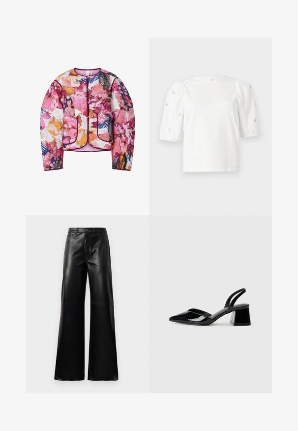 Kudumine bomber-jope, millel on mitmevärviline lillemuster roosa, oranži ja sinise värviga, ribakäised ja kaks esist pocketit.; Valge puuvillane T-särk lühikeste puffkäistega, millel on väikesed hõbedased kaunistused käiste servades. Klassikaline ümmargune kaelus, vaba ja mugav lõige.; Mustad talje laiad jalad kunstnahast püksid esipaneeli nööbi ja lukuga, vöödega ja küljetaskutega valge tausta peal.; Mustad musta lakknahk kingad, millel on terav varvas ja geomeetriline plokkkonts. Omab elegantselt minimalistlikku disaini ja sujuvat tekstuuri.