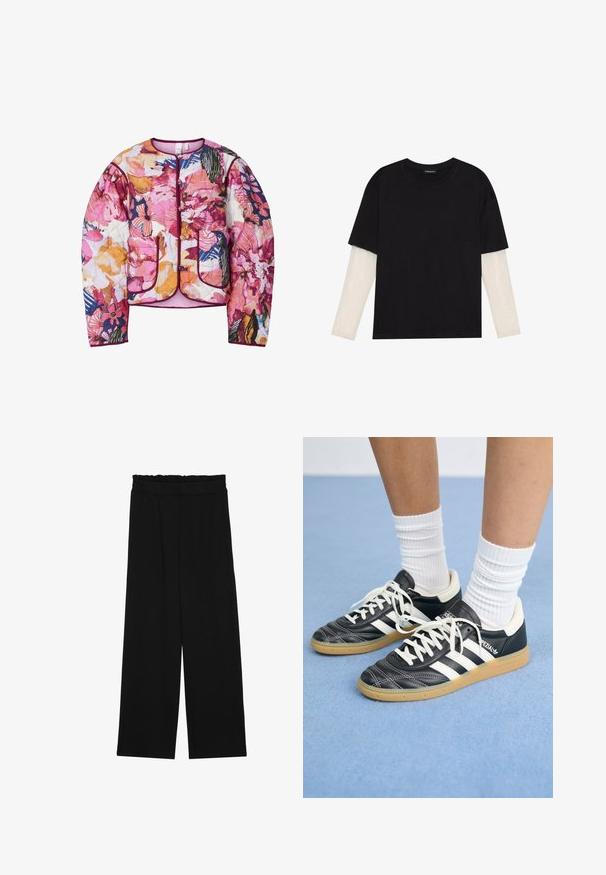 Több színű virágmintás steppelt bomber dzseki rózsaszín, narancs és kék árnyalatokban, bordás mandzsettákkal és két elülső zsebbel.; Fekete pamut póló, rövid ujjal, fehér hosszú ujjú réteg fölött, finom textúrával. Kerek nyakkivágású dizájn.; Fekete, bőszárú nadrág fodros derékrésszel, két oldalsó zsebbel és sima, könnyű anyagból. Nincsenek látható minták vagy fémalkatrészek.; Fekete bőr sportcipők fehér csíkokkal, kerek orral, fehér fűzővel és gumírozott talppal. Párnázott bokarész és márkajelzések emelik ki.