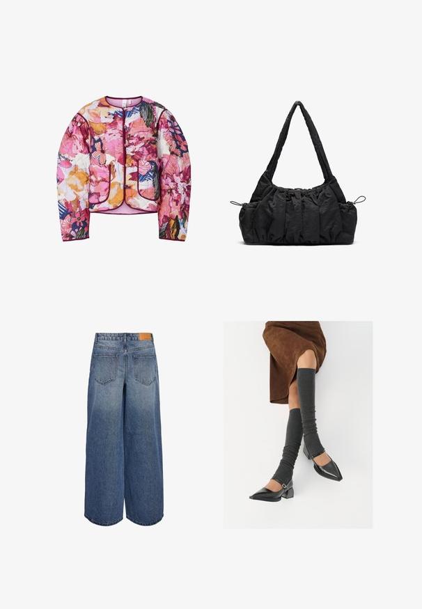 Pufīgs bomberjakas ar daudzkrāsainu ziedu rakstu rozā, oranžā un zilā krāsā, ar ribotām piedurknēm un divām priekšējām kabatām.; Balta garām piedurknēm crop top blūze, izgatavota no ribota auduma. Tai ir apaļa kakla izgriezums un pieguļošs dizains. Uzlīme redzama iekšpusē pie kakla.; Platas kāju džinsa kulotes vidēji zilā tonī ar izbalējušu tekstūru, ar divām aizmugurējām kabatām un brūnu ādas zīmola birku uz jostas.; Melnas laka ādas apavi ar norādītu purngalu, blokveida papēdi un potīšu jostu, saskaņoti ar pelēkām ribotām kāju sildītājām un brūnu zamšādas svārku.; Melnas auduma rokassoma ar sakrautu tekstūru, divām plecu siksnām un nostiprināšanas auklām sānos. Gluds, viegls materiāls.