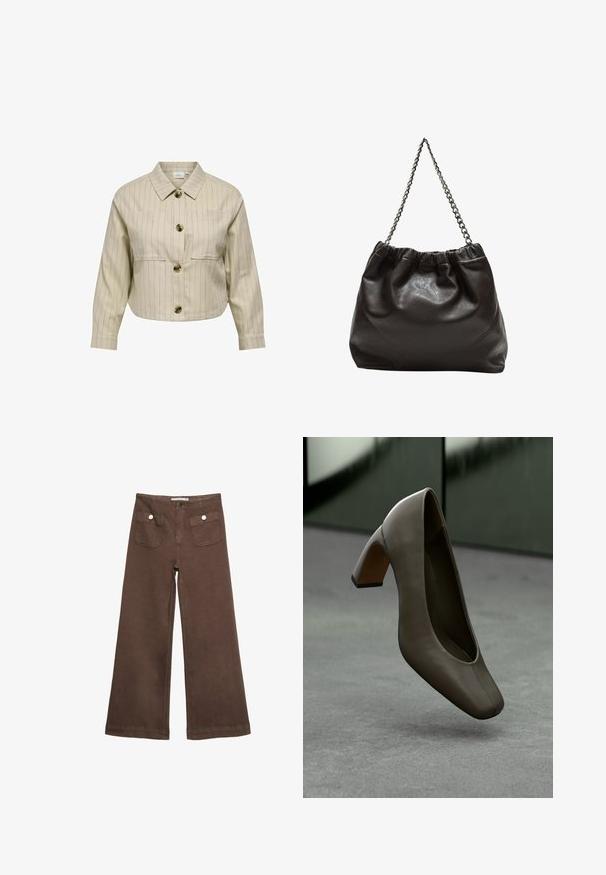 Bežna jakna s ovratnikom, pokrovna z vertikalnimi črtami, dvema sprednjima žepoma in rjavimi gumbi. Skrčena zasnova in dolgi rokavi. Mešanica bombaža.; Rjava kratka majica s kratkimi rokavi iz mehkega materiala, s krožnim izrezom in ohlapnim krojem. Brez vidnih vzorcev ali dodatkov.; Svetlo rjave široke hlače iz bombaža, ki vključujejo dva sprednja žepa s srebrnimi gumbi in gladko teksturo.; Temno olivno zeleni usnjeni čevlji s petami, kvadratnim nosom in blokasto peto, ki lebde nad sivo betonsko tla s zamegljeno zeleno ozadjem.; Rjava usnjena torba z nabranim vrhom in verižnim trakom. Gladka tekstura z sijajno površino in subtilnimi šivi na straneh.