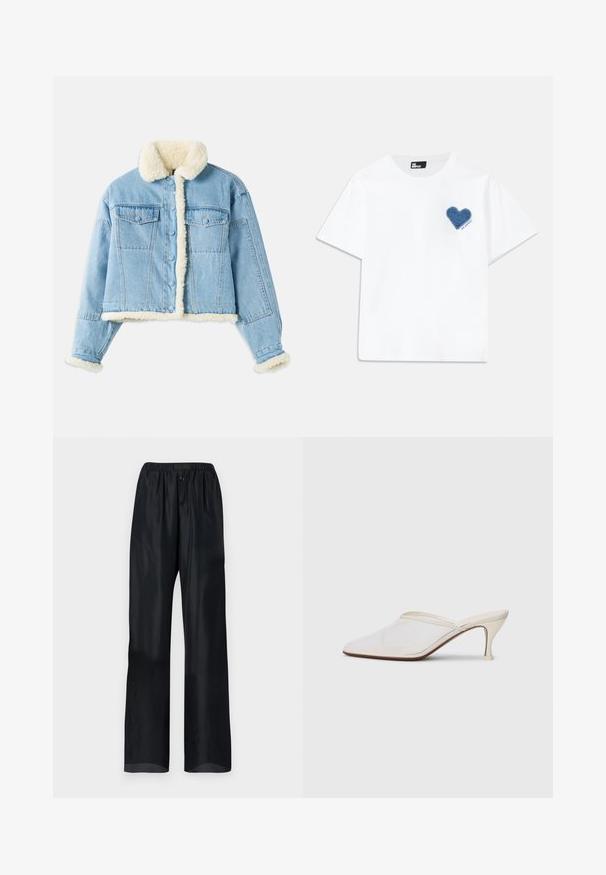 Gaiši zilas džinsa jaka ar baltu šerpa oderi apkaklē, aprocēs, priekšpusē un apakšmalā, aprīkota ar pogu aizdari un krūšu kabatām ar flap.; Balta kokvilnas T-kreklu ar īsām piedurknēm un apaļu kakla izgriezumu. Priekšpusē ir zila džinsu sirds aplikācija kreisajā krūtī ar tekstu zem tās.; Melnas, vieglas bikses ar brīvu piegriezumu, kas aprīkotas ar elastīgu jostasvietu un diviem priekšējiem pogām. Gluda tekstūra ar taisnu kāju dizainu.; Baltas austs punka purngals mūlis ar šauru vidēji augstu papēdi un uzvelkamu dizainu uz vienkārša fona.