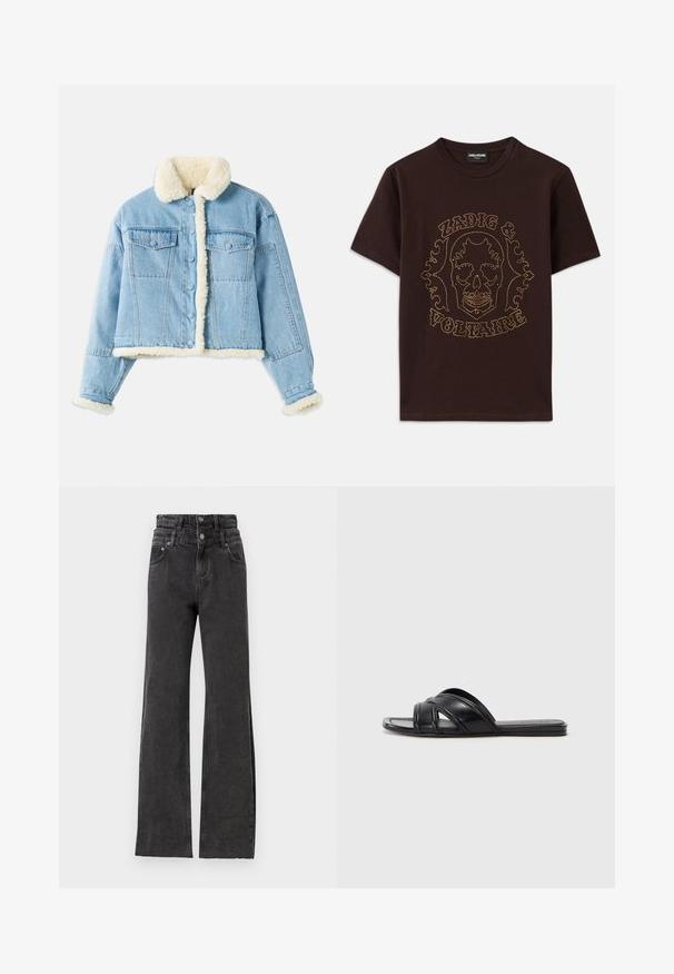 Svijetloplavi traper jakna s bijelim sherpa podlogom na ovratniku, manžetama, prednjem dijelu i rubu, s kopčanjem na gumbi i džepovima na prsima.; Crna majica od pamuka, s grafikom lubanje obrubljenom zlatnim zakovicama, uz tekst "Zadig & Voltaire", kratki rukavi i okrugli izrez.; Crne hlače visokog struka imaju ravne nogavice, suptilne oštećene detalje i metalne dugmadi na struku.; Crne natikače s glatkom kožnom završnom obradom, s ukriženim trakama i izrezbarenim detaljima, te ravnim, fleksibilnim potplatima.