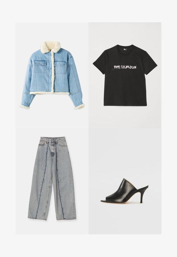 Chaqueta de mezclilla de color azul claro con forro de sherpa blanco en el cuello, los puños, la parte delantera y el dobladillo, con cierre de botones y bolsillos de solapa en el pecho.; Camiseta de algodón negra de manga corta, con un diseño impreso en blanco y gris que dice "THE 2LOOK" en el frente. Cuello redondo clásico.; Vaqueros de pierna ancha en azul claro con bordes deshilachados, una cintura alta y costuras en contraste. Hechos de denim, presentan un ajuste relajado y un desgaste mínimo.; Mule negro de cuero con punta abierta, con un diseño elegante y curvado, tacón alto de aguja y textura suave. El interior presenta un color claro en contraste.