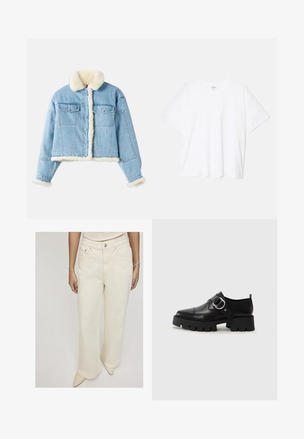 Casaco de ganga azul claro com forro de sherpa branco no colarinho, punhos, frente e barra, apresentando fecho por botões e bolsos de aba no peito.; T-shirt de algodão branco com mangas curtas, decote redondo, corte descontraído e bainha cosida. Etiqueta visível no interior do pescoço.; Calças de ganga de perna larga na cor creme, com uma cintura alta, bolsos frontais e um fecho de botão único para um ajuste descontraído.; Sapatos pretos de couro com sola grossa e estriada, apresentando um detalhe em hardware prateado circular e costura mínima.