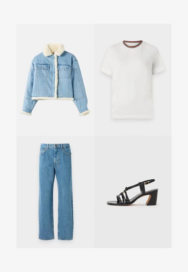 Jasnoniebieska kurtka dżinsowa z białym wykończeniem z owczej wełny przy kołnierzu, mankietach, przodzie i dolnej krawędzi, z zapięciem na guziki oraz kieszeniami na klatce piersiowej.; Biała koszulka z krótkim rękawem i okrągłym dekoltem, z kolorowym, paskowanym wykończeniem. Wykonana z gładkiego materiału, o luźnym kroju.; Jasnoniebieskie dżinsy o luźnym kroju, z wysokim stanem, czterema kieszeniami i zamkiem błyskawicznym. Klasyczny pięciokieszeniowy fason.; Paul Smith AMIRA czarny