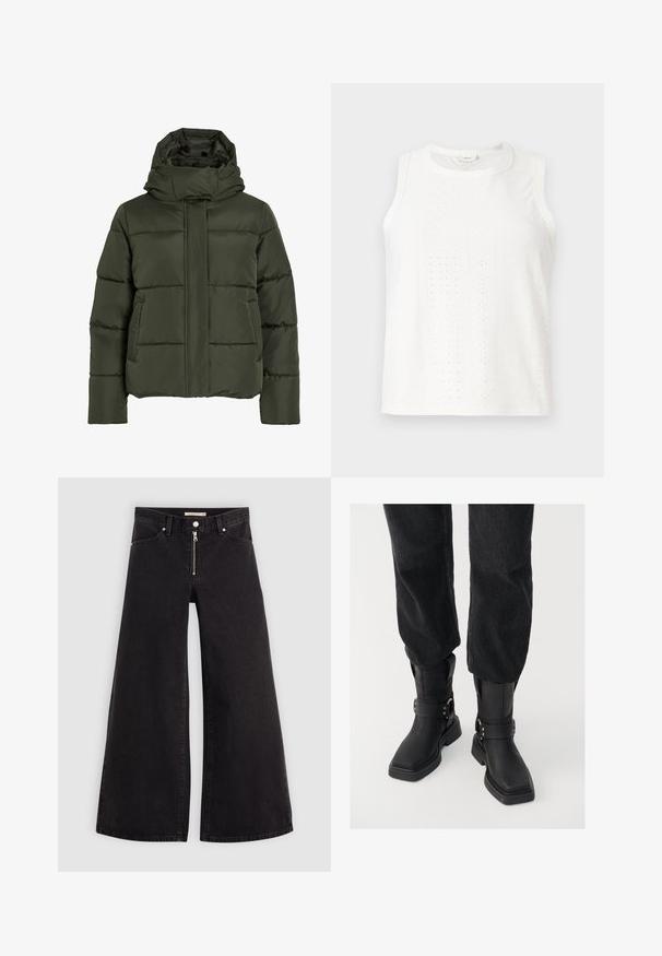 Casaco almofadado verde-azeitona com gola alta e capuz. Apresenta costuras horizontais, bolsos laterais e fecho de correr frontal.; Top branco sem mangas com padrões de ilhós, gola redonda e corte reto. Feito de um tecido leve com uma textura suave.; Calças de ganga de perna larga em denim preto com fecho éclair à frente, design de cinco bolsos e detalhes de costura subtil. Textura suave e estilo casual.; Botas de tornozelos em couro preto com bico quadrado, apresentando uma faixa larga e detalhe em fivela metálica. As botas têm uma sola robusta e textura suave.