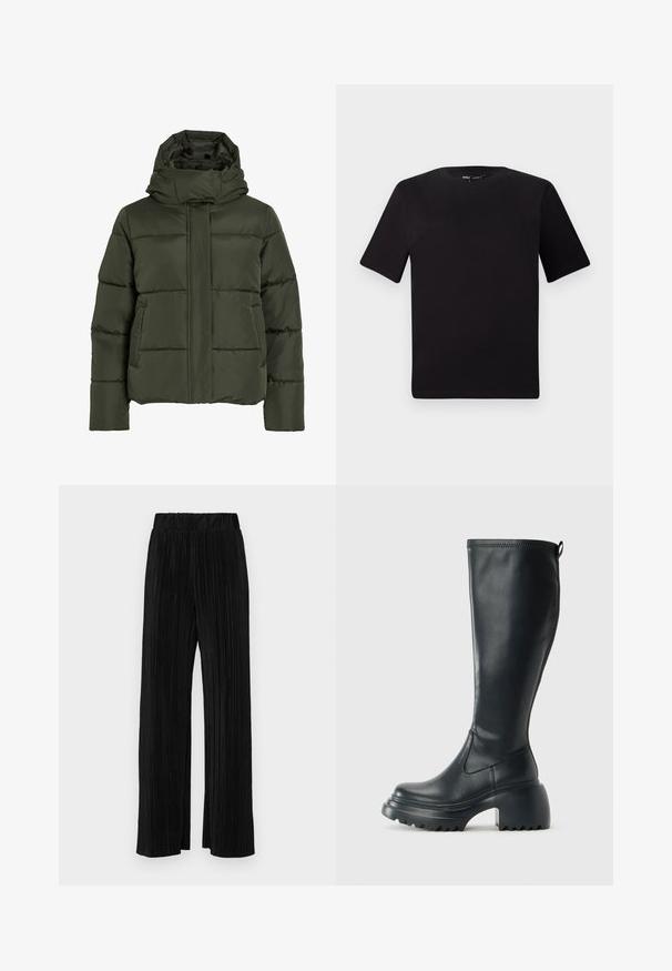 Puffig, olivgrön jacka med hög krage och huva. Har horisontell sömnad, sidofickor och dragkedjestängning fram.; Svart kortärmad t-shirt med rund halsringning, tillverkad i mjukt bomullstyg. Enkelt mönster, utan synliga logotyper eller mönster.; Svarta plisserade byxor med resårmidja. Har vida ben och ett mjukt, texturerat material med vertikala ränder.; Höga svarta läderstövlar med kraftig plattformssula och blockklack, med dragflik och strukturerat mönster på yttersulan.