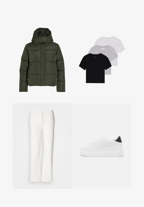 Pūkuota, alyvuogių žalumo striukė su aukštu apykakle ir kapišonu. Pasižymi horizontaliomis siūlėmis, šoninėmis kišenėmis ir priekiniu užtrauktuku.; Trijų trumpomis rankovėmis marškinėlių rinkinys juodos, pilkos ir baltos spalvos. Pagaminti iš medvilnės, turi apvalų iškirpimą ir paprastą, vientisos spalvos dizainą.; Baltos, laisvo kirpimo sportinės kelnės, pagamintos iš minkštos medžiagos, su elastinga juosmens dalimi ir raišteliu, tiesių kojų kirpimu.; Balti platforminiai sportbačiai, pagaminti iš lygios sintetinio audinio, su apvaliu pirštu, raištelių užsegimu ir tekstūruota guma padanga. Juodas kulno akcentas.