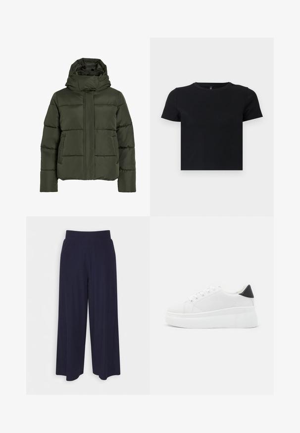 Jachetă pufoasă, de culoare verde măslină, cu guler înalt și glugă. Prezintă cusături orizontale, buzunare laterale și închidere cu fermoar în față.; Tricou negru cu mânecă scurtă, fabricat din bumbac moale. Dispune de un guler rotund și un design ajustat. Textură netedă, fără modele sau accente.; Pantaloni cu croi larg din țesătură de culoare bleumarin închis, cu un model texturat. Prezintă un brâu neted și o siluetă fluidă, ajungând până la jumătatea gambei.; Adidași albi cu platformă, fabricați din material sintetic neted, cu vârf rotund, design cu șireturi și talpă din cauciuc texturat. Accente negre la călcâi.
