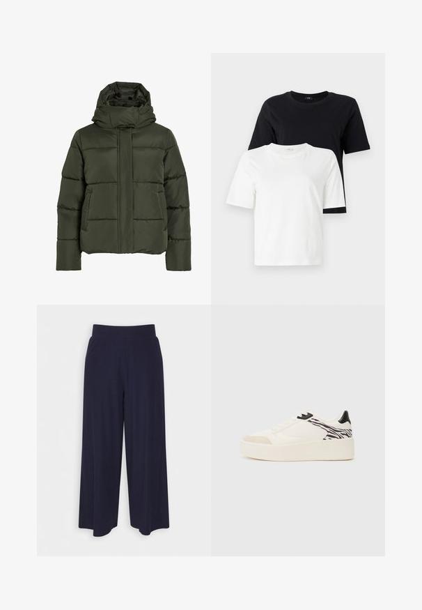 Pufasta, olivnozelena jakna z visokim ovratnikom in kapuco. Ima vodoravno šivanje, stranske žepe in sprednje zadrgo.; Črno-bele bombažne majice. Okrogli izrez, kratki rokavi, sproščen kroj. Črna majica je prikazana nad belo majico.; Široke hlače iz temno modrega blaga z rebrasto teksturo. Imajo gladek pas in tekoč silhueto, ki seže do sredine tele.; Even&Odd Športni copati - white/black