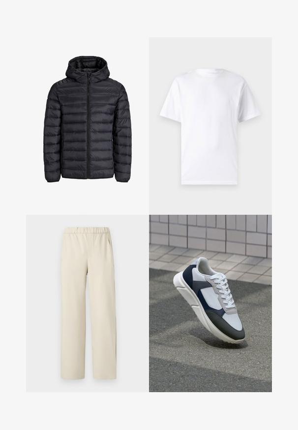 Črna napihljiva jakna s kapuco, z odejmom, sprednjim zadrgo in elastičnimi manšetami. Narejena iz lahkega, vodoodpornega materiala.; Bela majica s kratkimi rokavi iz bombaža z okroglim izrezom, ki ima gladko teksturo in preprost dizajn brez vzorcev ali poudarkov.; Beige široke hlače iz elastičnega materiala, izdelane iz mehkega blaga. Imajo gladko teksturo in brez vidnih vzorcev ali dodatkov.; Bela, mornarsko modra in siva športna obutev z mešano materialno zasnovo, ki vključuje teksturirano zgornji del, ravne vezalke in oblazinjen podplat.