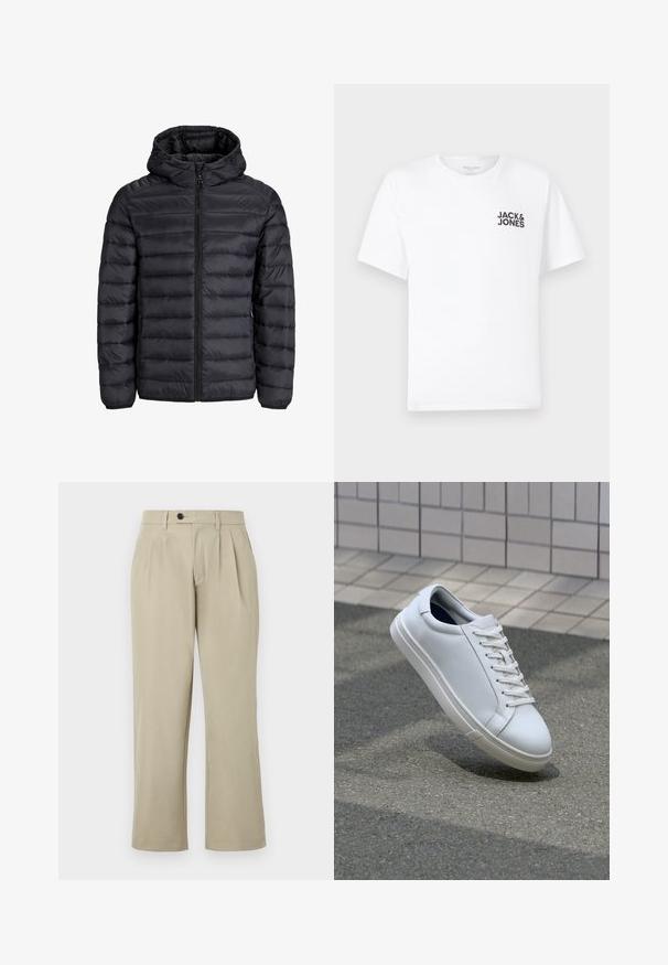 Black puffer jacket with a hood, featuring a quilted design, front zip closure, and elastic cuffs. Made of lightweight, water-resistant material.; White cotton t-shirt, short sleeves, crew neck. Features black text logo "JACK & JONES" on the left chest area. Simple, plain design.; Beige trousers with a relaxed fit, featuring pleats, a button closure, side pockets, and straight legs. Smooth fabric texture.; White leather sneaker with a smooth texture, lace-up design, and a rounded toe. Features a textured rubber sole and minimalistic accents.