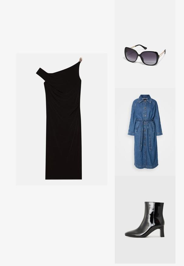 Casaco longo de ganga, azul claro, fechamento frontal com botões, cintura cativada, mangas raglan longas, dois bolsos frontais, com detalhes de costura em contraste.; Vestido preto de um ombro, feito de tecido drapeado, com um detalhe dourado no ombro, textura suave e design até ao joelho.; Botim de tornozelo em pele sintética preta com bico apontado e salto bloco de altura média. Textura suave e design minimalista.; Óculos de sol oversized pretos com lentes degradê, armações grossas e detalhes em corrente dourada nas hastes.