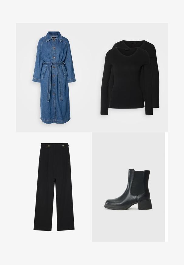 Denim pikk mantel, helesinine, nööpide jaotusega, vöödiga talje, pikad raglan-särgid, kaks esikotti, kontrastsete õmbluste aksendiga.; Kaks musta pika varrukaga särk, millel on V-kaelus ja mis on valmistatud pehmest ja venivast kangast, millel on sile tekstuur ja sobiv kuju.; Mustad laiad püksid kõrge vöökoha ja nööpdetailidega vööandil, esikortsudega.; Mustadast mustast nahast pahkluu saabas, millel on elastsed külgpaneelid, ümar varvas ja madal plokk kand. Pinndl on sile tekstuur ja minimaalne detailide arv.