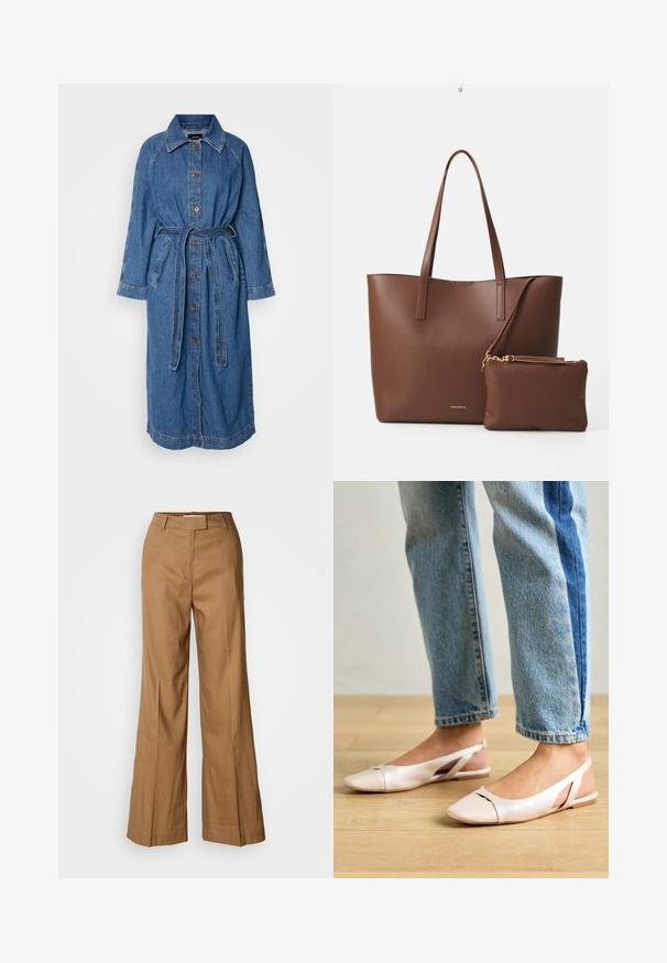 Lange denimfrakke, lyseblå, knaplukning fortil, belted talje, lange raglanærmer, to forlommer, med kontrasterende syninger.; Hvid kortærmet t-shirt i bomuld med flæsekant på skuldrene og en rund halsudskæring. Glat tekstur og klassisk pasform.; Brune vide bukser lavet af letvægtsstof. Har flad front, bæltesløjfer og en skræddersyet silhuet med en ankellængde.; Lyserøde slingback flade sko med spidse tær, lavet af et glat læderlignende materiale. Har udskæringsdetaljer på siderne og en flad hæl.; Brun faux læder tote taske med to lange håndtag og en matchende lille pung. Overfladen har et struktureret mønster og guldfarvede hardware detaljer.