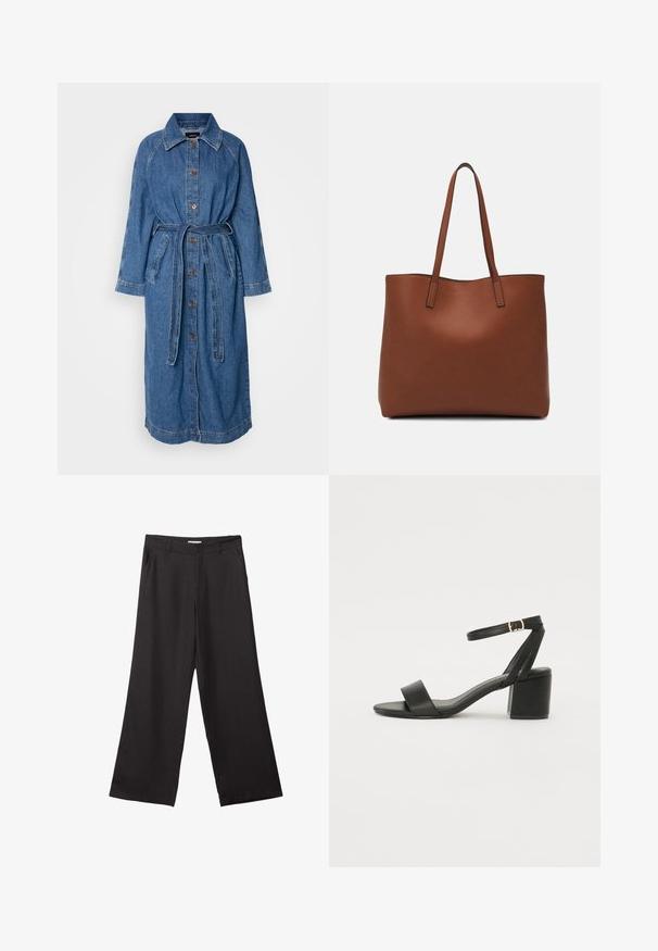Lange denimfrakke, lyseblå, knaplukning fortil, belted talje, lange raglanærmer, to forlommer, med kontrasterende syninger.; Hvid kortærmet T-shirt lavet af blødt bomuld. Har en rund halsudskæring og en afslappet pasform. Rent design uden synlige mønstre eller accenter.; Sorte bukser med vidde, lavet af glat stof, med en frontlynlås og to sidelommer, i en skræddersyet pasform og minimalistisk design.; Sort hæl sandal med en glat læderoverdel, åben tå, brede frontstropper og justerbar ankelrem med detaljer i guldfarve.; Brun læder tote taske med en glat overflade, åben topdesign og to skulderremme. Har minimal syning og ingen synlig hardware.