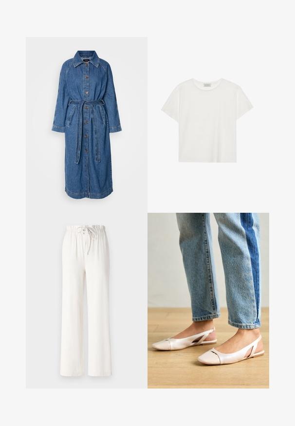 Palton lung din denim, bleu deschis, cu închidere prin nasturi, cu brâu la talie, mâneci lungi tip raglan, două buzunare frontale, cu accente de cusătură contrastante.; Tricou alb cu mânecă scurtă, made din bumbac moale. Are un guler rotund și o croială lejeră. Design curat, fără modele sau accente vizibile.; Pantaloni albi cu picioare largi, confecționați dintr-un material moale, având un brâu cu șnur și o textură netedă. Fără modele sau embellishments vizibile.; Sandalete plate de un roz pal cu vârf ascuțit, realizate dintr-un material asemănător pielii, neted. Prezintă detalii decupate pe laterale și un toc plat.
