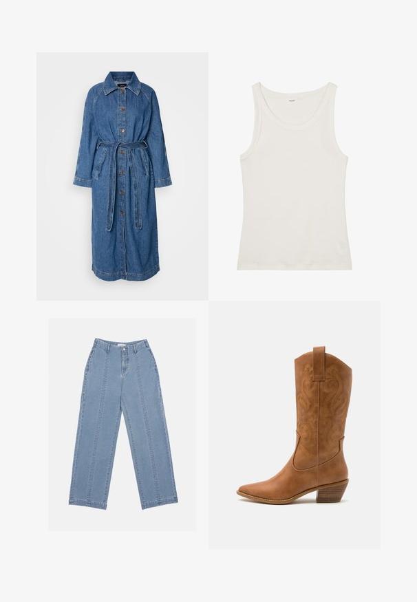 Pitkä denim-takki, vaaleansininen, nappikiinnitys, vyötärönauha, pitkät raglan-hihat, kaksi etutaskua, joissa kontrastiväriset ompeleet.; Valkoinen puuvillainen hihaton paita, jossa on leveä pääntie ja ohuet olkaimet. Sileä pinta ilman näkyviä kuvioita tai koristeita.; Vaaleansiniset leveät farkut, jotka on valmistettu denimistä. Ominaisuuksiin kuuluu korkea vyötärö, nappilukitus ja näkyvät saumat. Etupuolella ei ole näkyviä taskuja.; Ruskean nahkainen cowboy-saapas, jossa on terävä kärki, brodeeratut pyörteiset kuviot varressa ja kerroslohko korko. Varustettu nostonipulla helpottamaan pukemista.